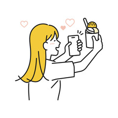イラスト素材：嬉しそうにスマホでスイーツの写真を撮る若い女性