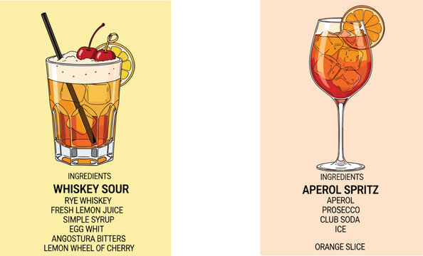 Aperol Spritz cocktail recipe card with watercolor poster. Elegant drink menu design featuring a glass of Aperol Spritz with ice cubes and an orange slice garnish.