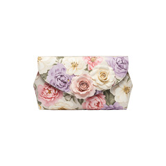 Elegant floral-printed women’s clutch purse with a pink clasp on top, lying flat