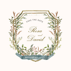 wedding badge green brown leaves watercolor frame