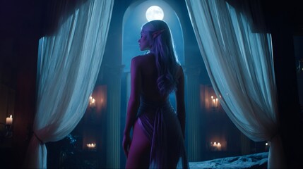 Elf queen wearing fantasy clothes standing in palace bedroom at night with full moon outside window