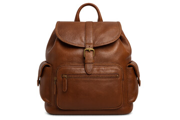 Sophisticated brown leather backpack with multiple compartments, metallic hardware, positioned against transparent backdrop highlighting versatile design