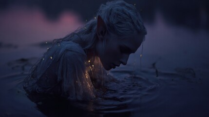 Mysterious woman with elven ears emerging from dark water at night