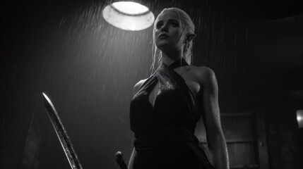 Elf assassin holding sword, posing in the rain under city lights