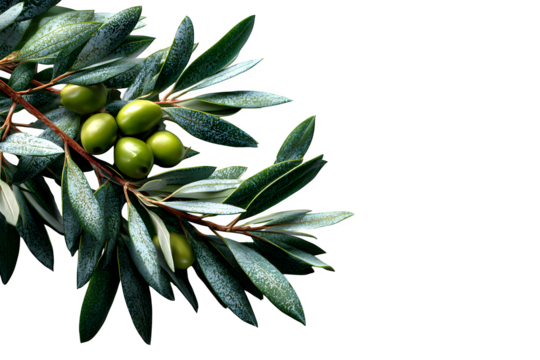 Elegant layout of olive tree branches in a soft diagonal composition, matte green leaves with rustic texture, styled on white background, isolated to transparent background - Powered by Adobe