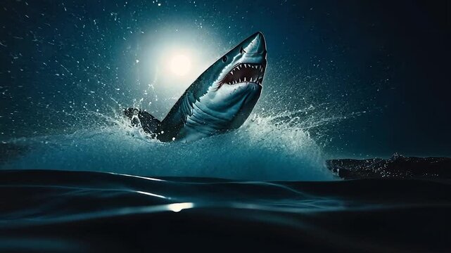Great white shark leaping out of dark ocean water at night under a bright moon.