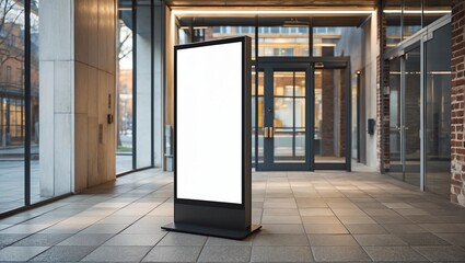 Blank white outdoor advertising standsandwich board mock up template. Clear street signage board placed inside modern building. Urban cityshopping center environment