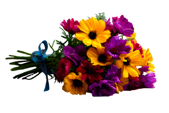 Grunge-style wildflower bouquet in oil-painted texture, with rough brush edges, arranged loosely on white background, isolated to transparent background