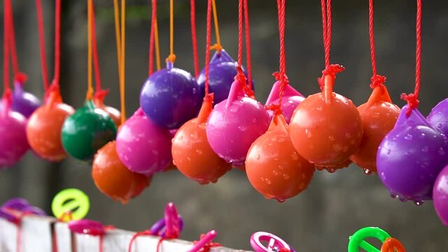 Colorful Water Balloons Hanging in a Row