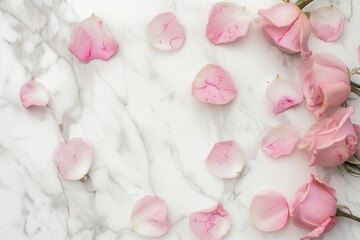 Light white marble texture with scattered soft pink rose petals in corners, minimal romantic backdrop for wedding invitation card.