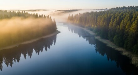 Fototapeta premium Misty Morning Lake Serene Aerial View of Forest Reflection