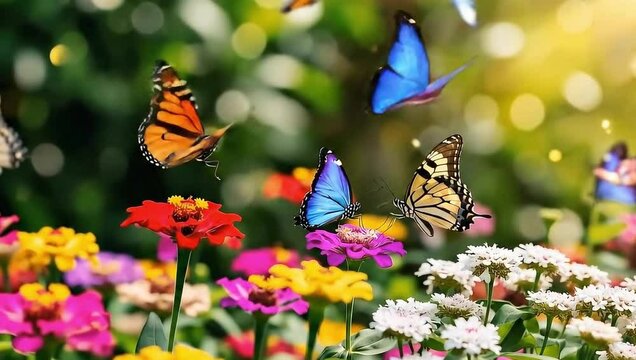 Beautiful butterflies flying over colorful flowers nature scene stock footage video for relaxation and meditation
