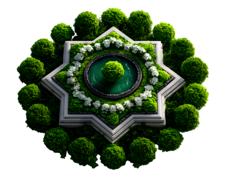 Masterplan top view of a green flower bed template, filled with ornamental shrubs and soft lawn patterns, rendered over white background, isolated to transparent background