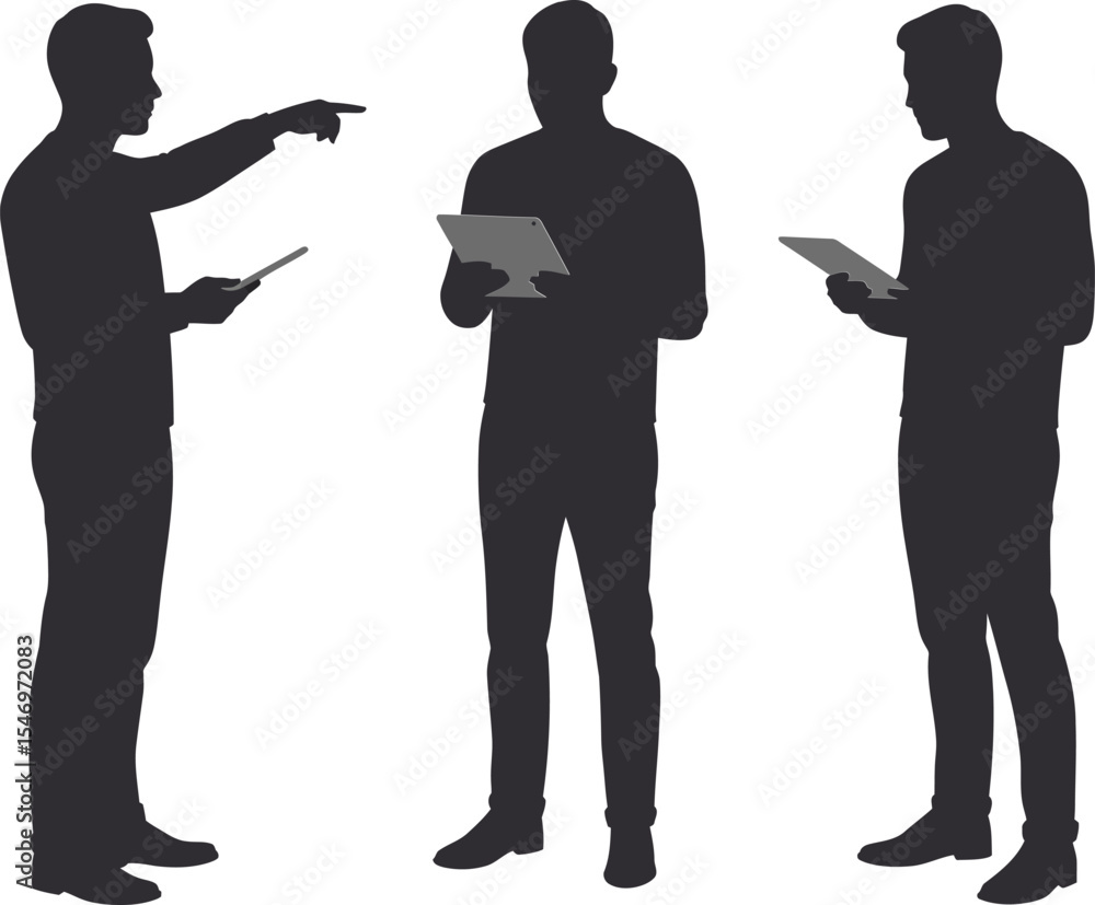 Aufkleber silhouettes of men reading and pointing at digital tablets in modern technology usage scene