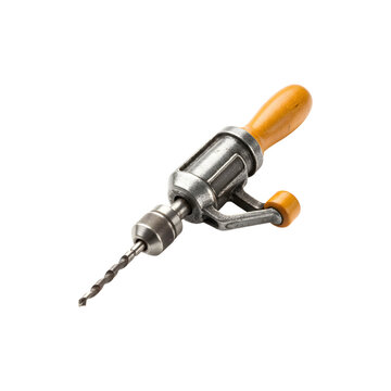 Vintage hand-drill tool with a wooden handle.