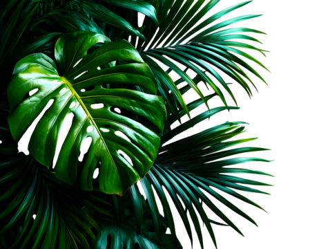 Mixed palm and monstera leaves arranged diagonally across the frame, tropical feel on clean white background, isolated to transparent background
