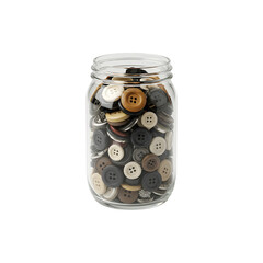 Mason jar filled with assorted buttons for crafting.