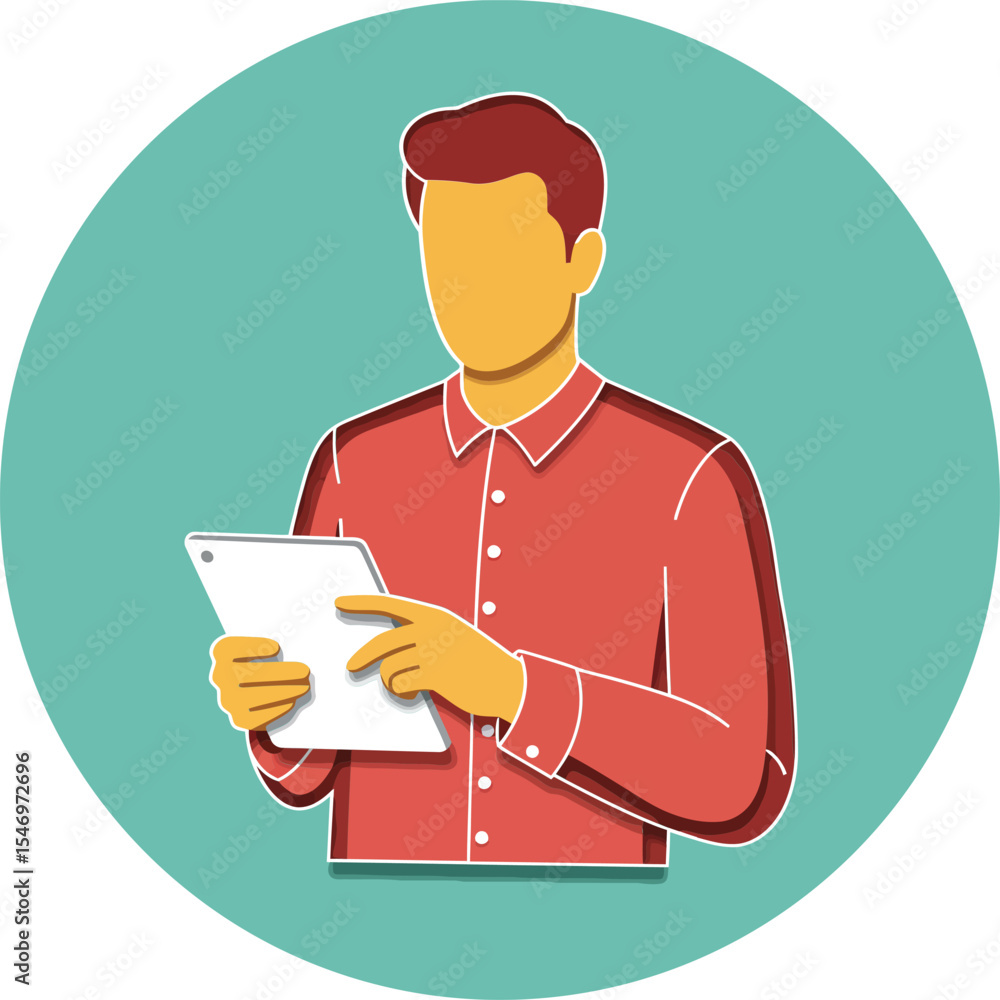 Poster man in red shirt using digital tablet vector illustration on green background for technology and lif