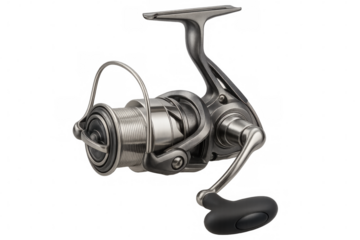 Metallic fishing reel gleaming with precision engineering, showcasing cutting-edge design and technological innovation against clean white backdrop