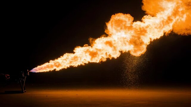 Figure Standing with Flamethrower Expelling Intense Orange Fire Against Black Background at Night
