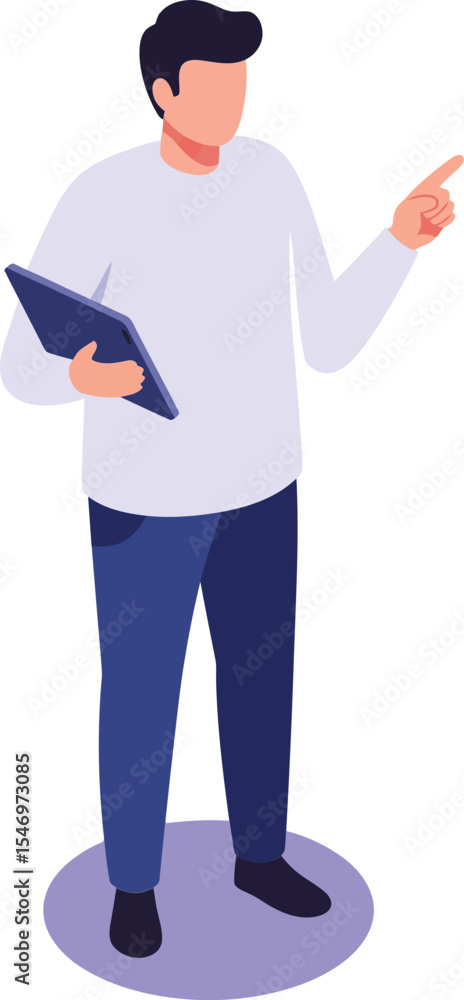 Poster man standing and pointing while holding digital tablet on purple background in casual clothes vector
