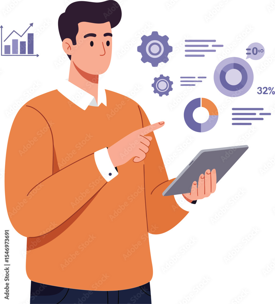Poster man analyzing data and charts on tablet with business statistics and graphs in orange sweater vector