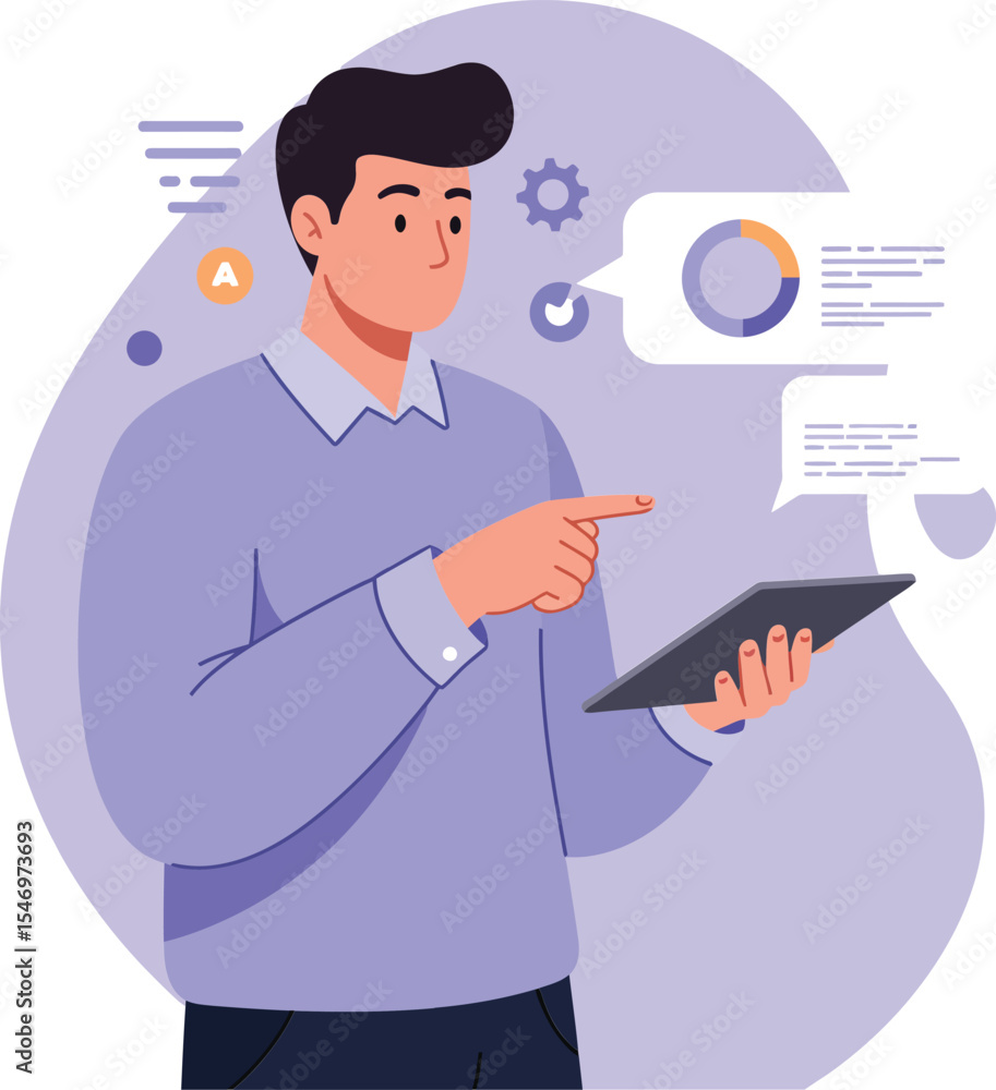 Poster man using digital tablet with infographic business data analysis and technology interface illustrati