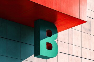 Teal letter 'B' cast shadow on building facade. Red overhang creates contrast