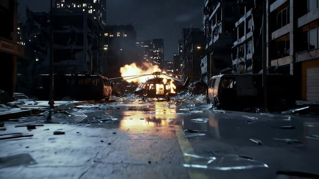 Nighttime urban street scene with destroyed buildings and broken glass