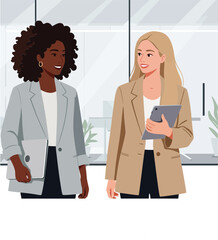 Two businesswomen discussing ideas in modern office setting with natural light and casual attire vector illustration 