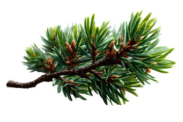 Pine needle cluster with natural twigs and soft highlights, angled diagonally on white background, isolated to transparent background