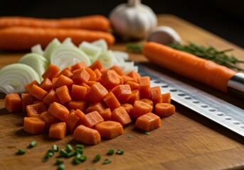 Freshly Diced Carrots, Onions, and Garlic on Wooden Cutting Board with Knife