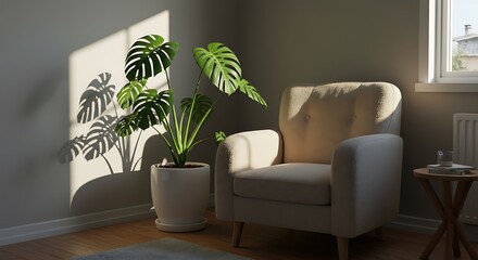 A stylish, sun-drenched interior corner featuring a large Monstera Deliciosa plant in a ceramic pot next to a modern, cozy armchair. Biophilic design aesthetic, bright and airy.