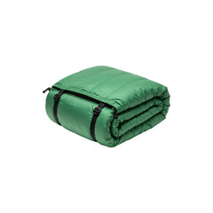 A green camping tent bag rolled and secured with black straps
