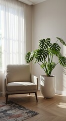 A stylish, sun-drenched interior corner featuring a large Monstera Deliciosa plant in a ceramic pot next to a modern, cozy armchair. Biophilic design aesthetic, bright and airy.