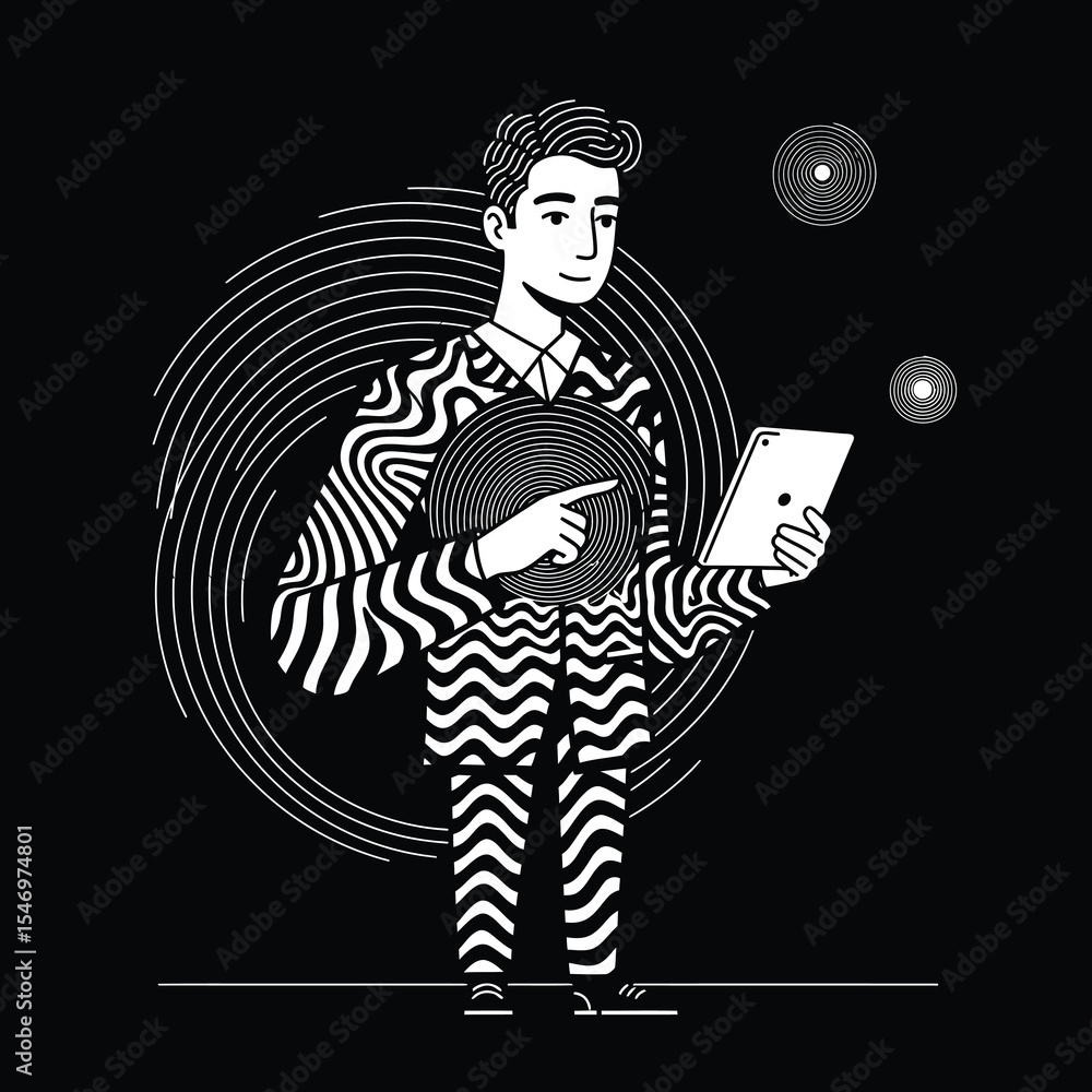 Aufkleber man holding tablet device with abstract wavy line pattern digital art in black and white vector illu