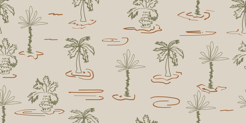 Tropical pattern with hand coconut palm trees. Hawaii summer background organic shapes green and light brown for fabric, textiles, clothing, poster, cover, decor, banner, wallpaper. 