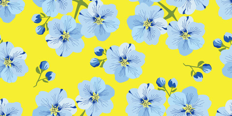 Hand drawn flowers, seamless patterns with floral for fabric, textiles, clothing, wrapping paper, cover, banner, home decor, abstract backgrounds. Vector illustration.Blue flowers.