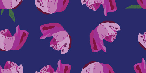Pink peony rose flower pattern on blue background. Hand drawing illustrator.