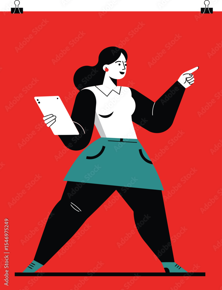 Poster woman holding tablet pointing forward in dynamic pose with red background vector illustration