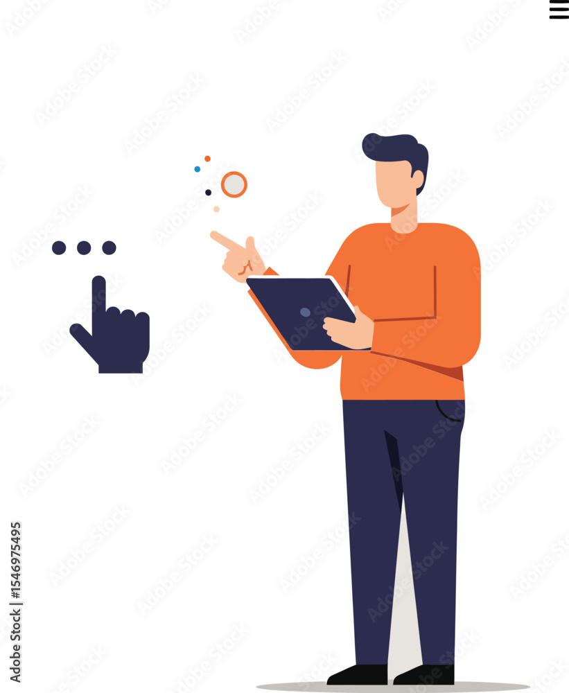 Poster man using tablet with speech bubble and finger icon in flat digital communication concept