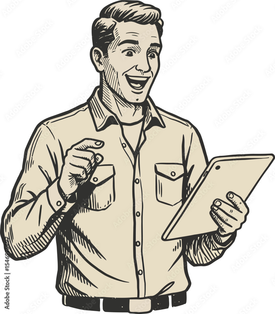 Poster man holding digital tablet and smiling in vintage style vector illustration with beige background