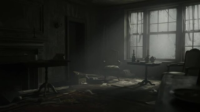 Abandoned creepy house interior. Spooky haunted old room with cobwebs and dust. Scary dark mysterious place footage.