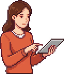 Woman using digital tablet pixel art style technology illustration with green background and brown hair