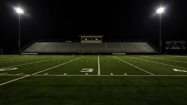 Empty football field at night. Green playing area and stadium lights. American sport stadium and spectator stands footage.
