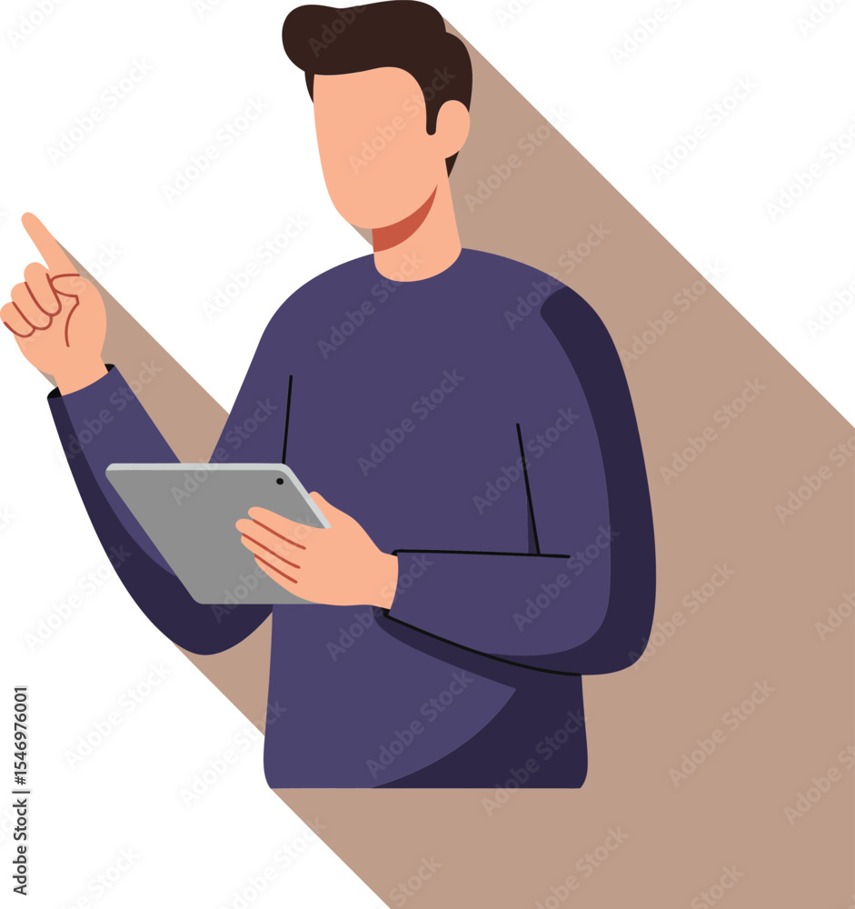 Poster man holding digital tablet pointing finger up in flat design vector illustration with long shadow