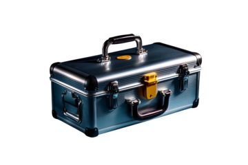 Toolbox with subtle shadow and minimal styling, photographed from above with front latch and handle visible, soft lighting, transparent to transparent background