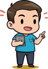 Cartoon boy holding smartphone pointing finger on yellow background vector illustration for communication and technology concepts 