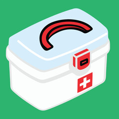 Flat Vector Illustration of a First Aid Medicine Box with Red Handle and White Cross