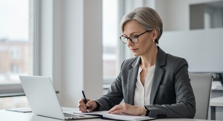 Woman Writing in Notebook While Using Laptop at Desk